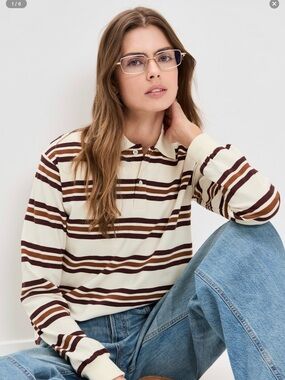 Scandi Style, ShopBop Lioness Striped Long Sleeve Polo - Cream & Brown BNWT